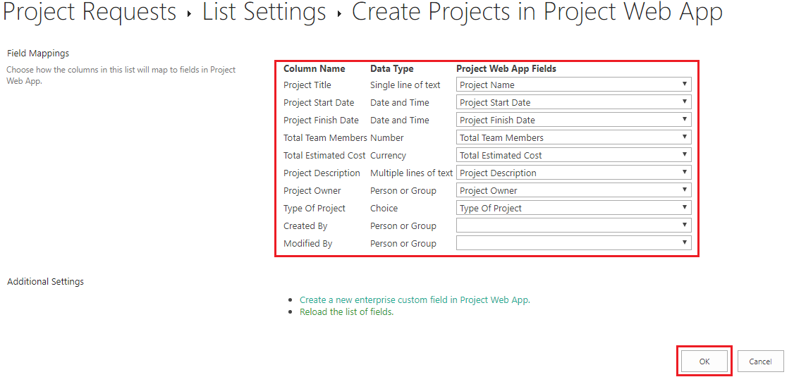 Map list columns to PWA fields.