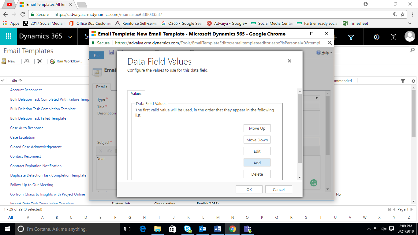 email template data field values dialogue