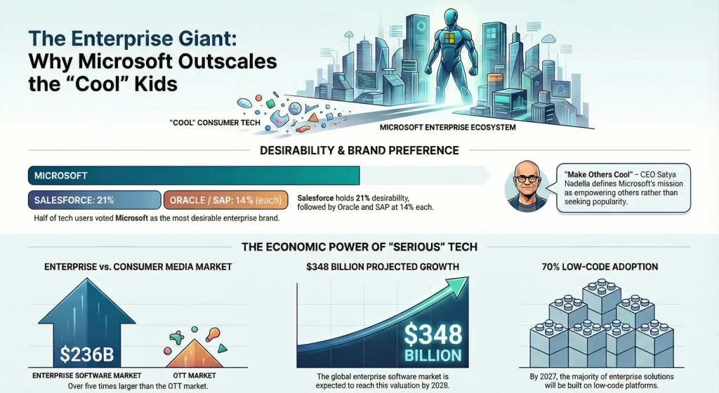 Microsoft's enterprise market dominance with brand preference statistics and $348B projected growth by 2028.