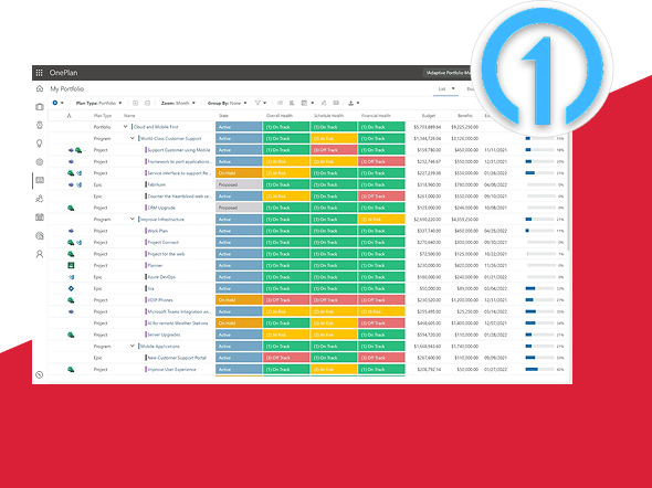 OnePlan portfolio planning dashboard on a red angled background, with a blue circular '1' step badge overlapping the top-right corner